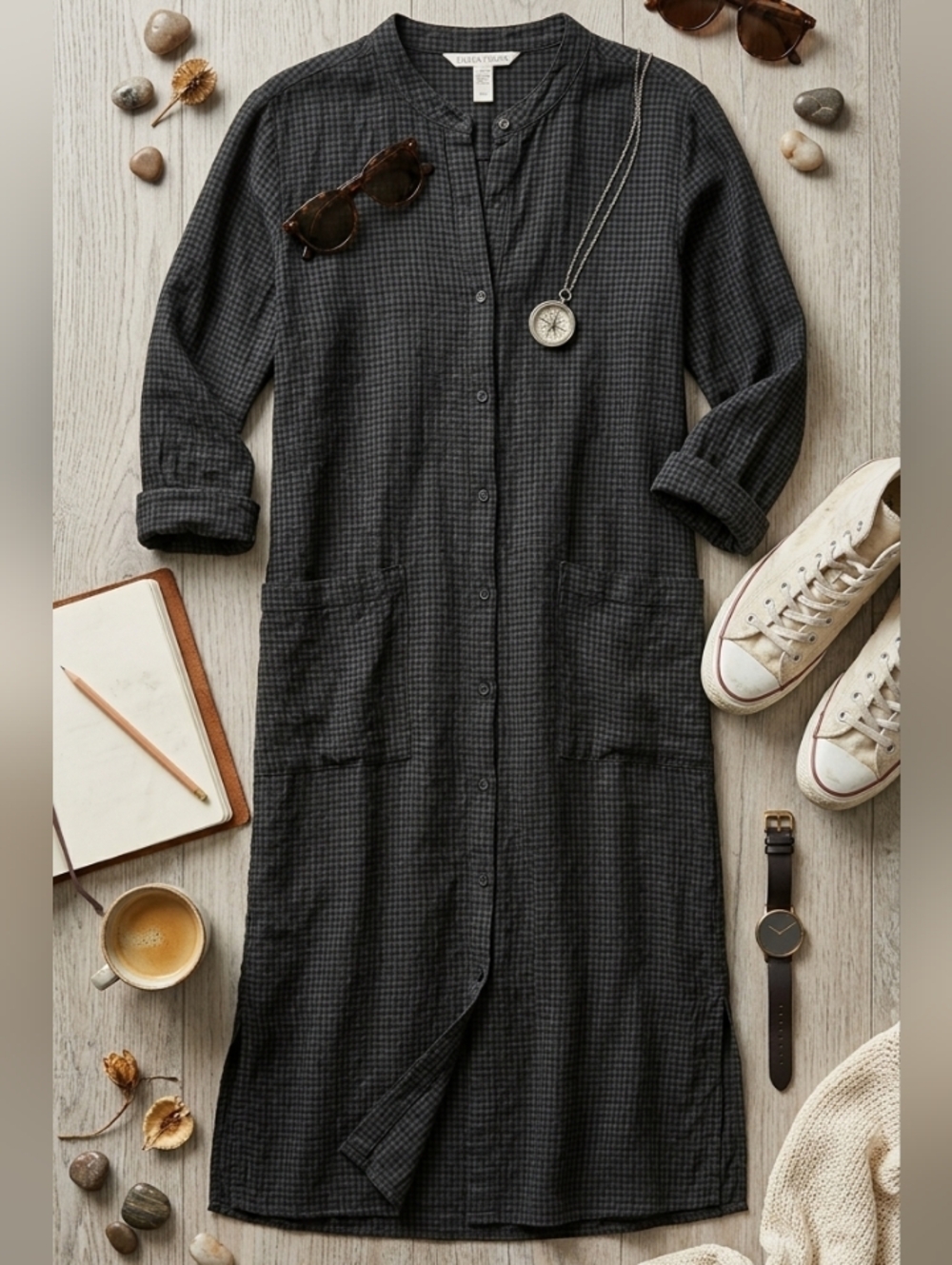 Eileen Fisher Puckered Organic Linen Mandarin Collar Shirtdress